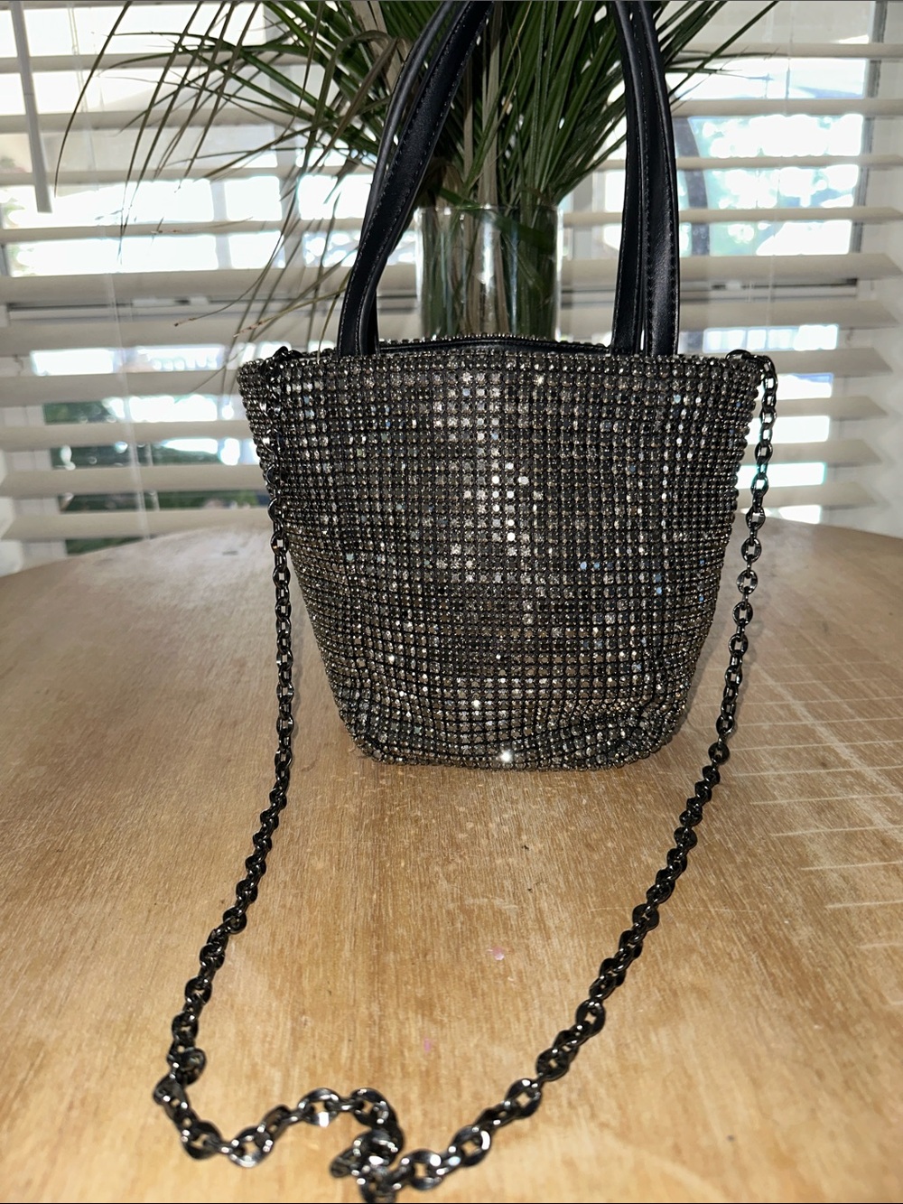 Black Bling Rhinestone Mini Tote with Chain Shoulder Strap